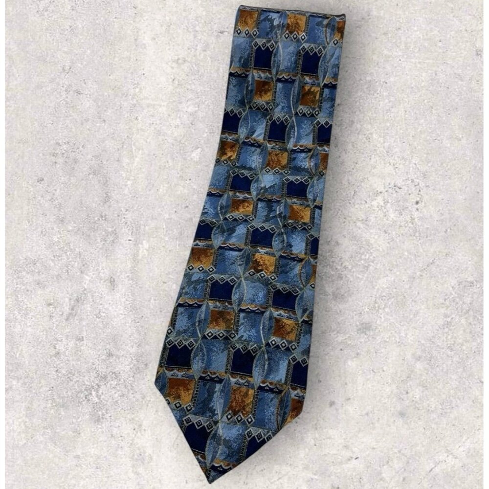 AQUASCUTUM Silk Tie CANADA Navy Blue Brown Geometric Art W:3.7" EUC